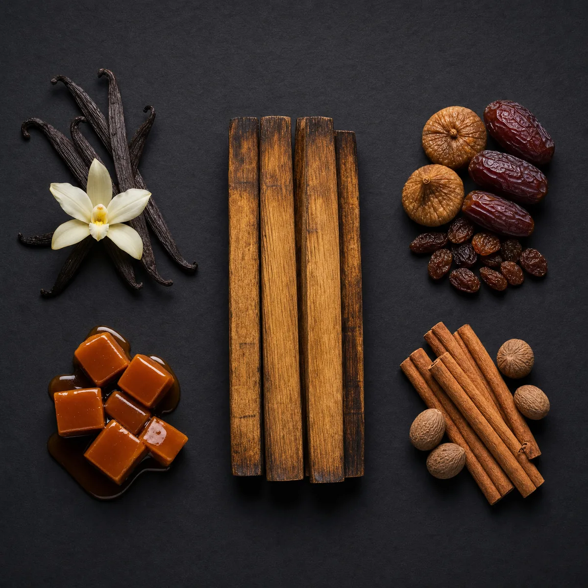 Douelles de chêne toastées avec gousses de vanille, caramel, fruits secs et épices sur ardoise sombre