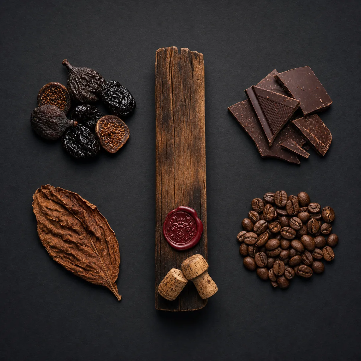 Aged oak stave with red wax seal and vintage corks, dark dried fruit, dark chocolate, tobacco leaf and espresso beans on dark slate