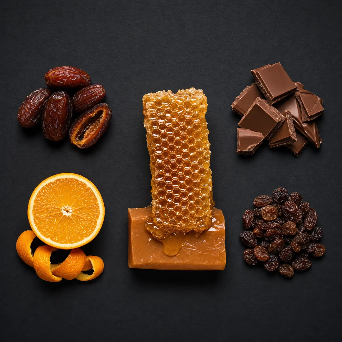 Rayon de miel doré sur bloc de caramel avec dattes, chocolat au lait, orange et raisins secs sur ardoise sombre