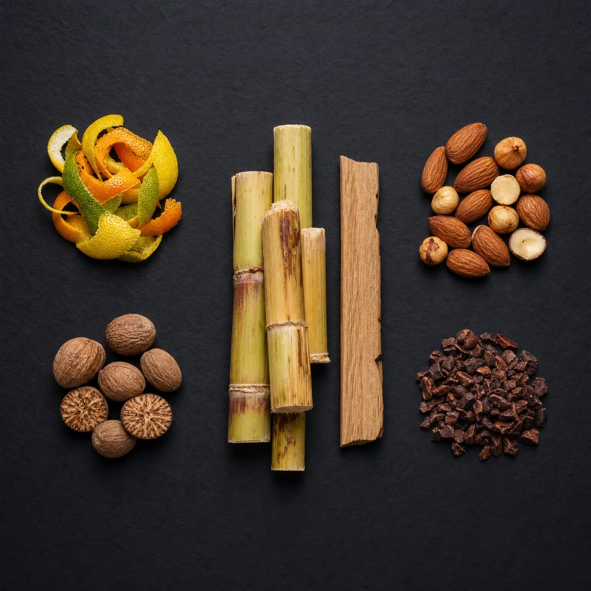 Morceaux de canne brute et douelle de chêne claire avec zestes d'agrumes, muscade, fruits secs torréfiés et éclats de cacao sur ardoise sombre