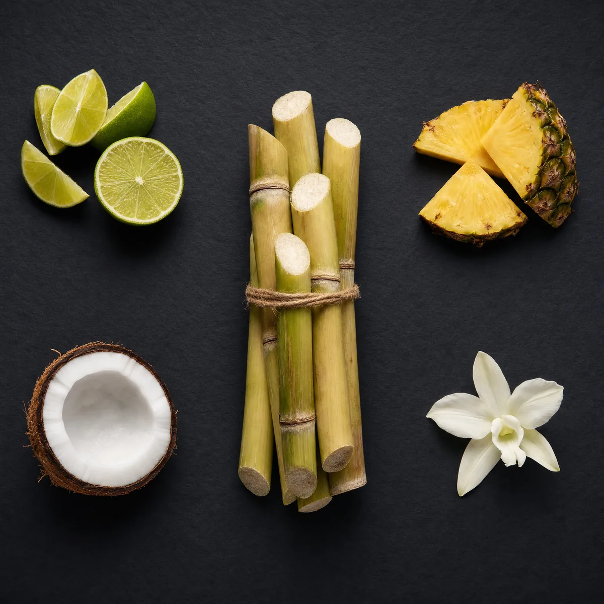 Fagot de canne à sucre fraîche avec citron vert, noix de coco, ananas et orchidée blanche sur ardoise sombre