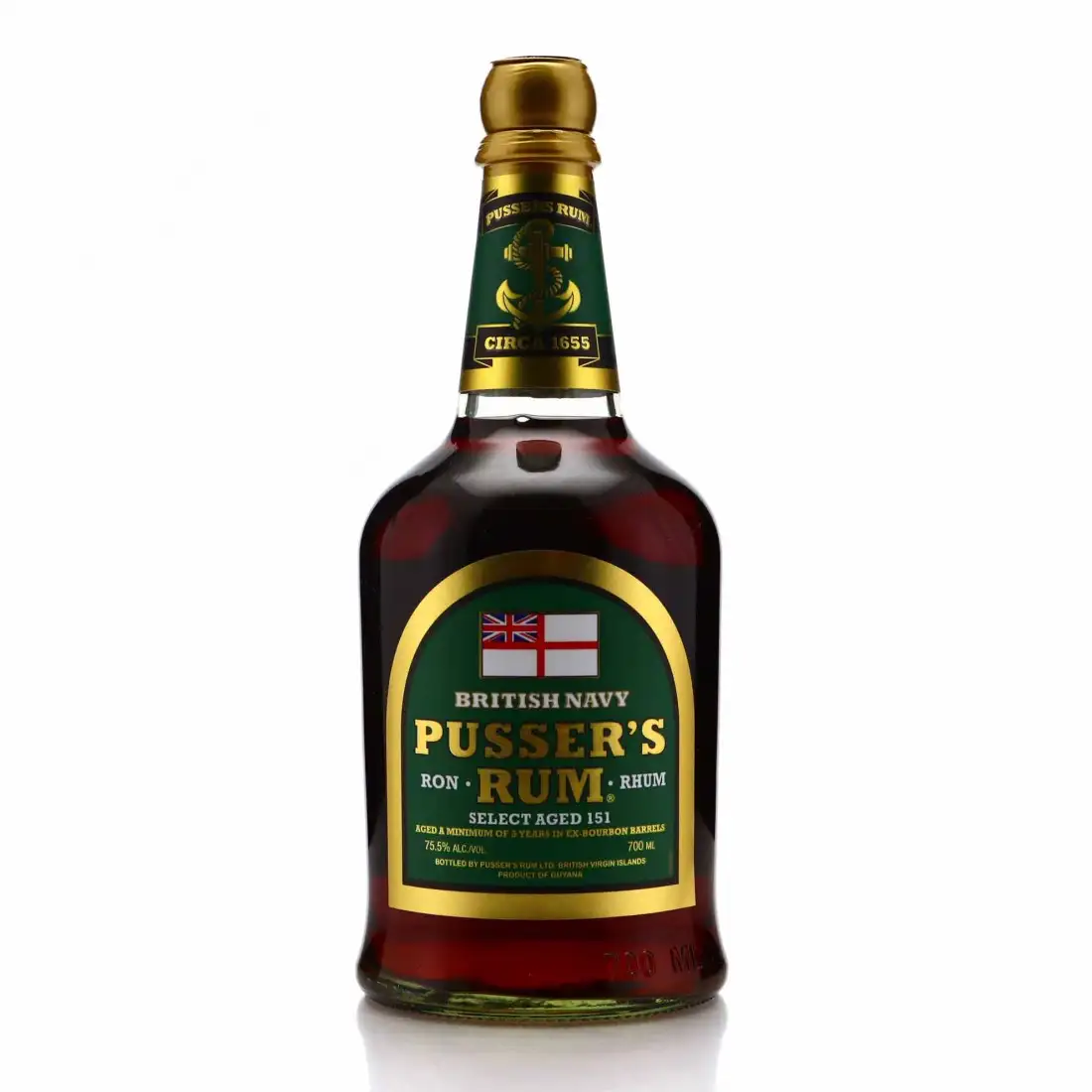 Bottle of Pusser‘s Rum Green Label Overproof Select Aged 151 (Green Label)