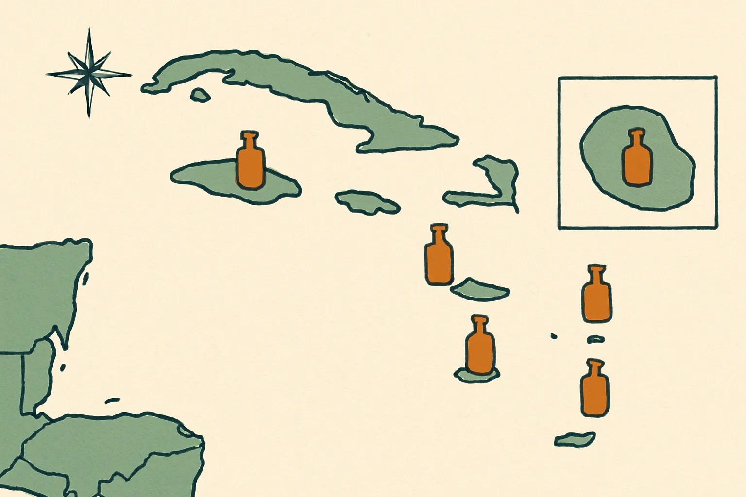 Six rum-producing regions: Jamaica, Barbados, Trinidad, Martinique, Guadeloupe, Réunion