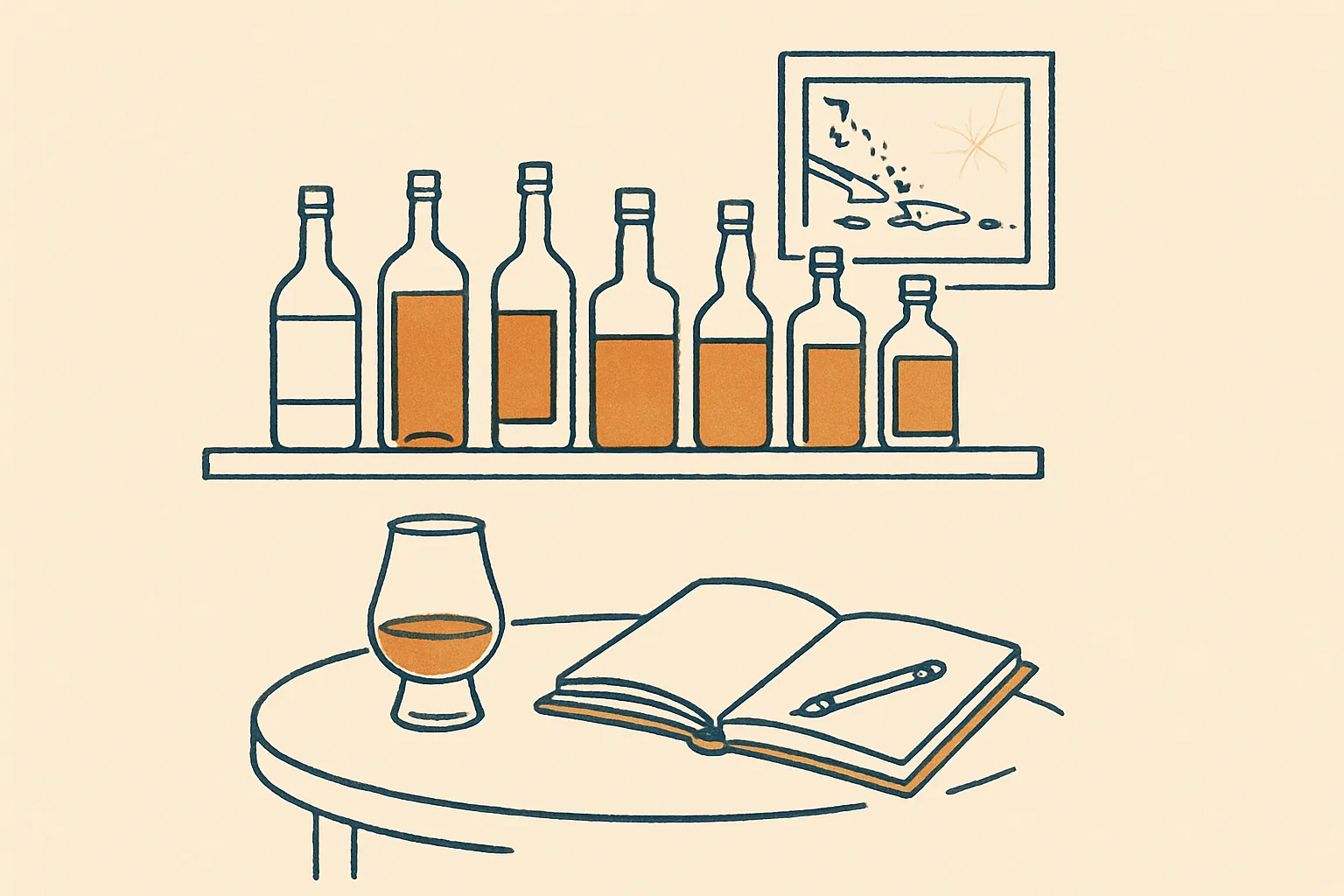 A rum collector's evening: shelf, notebook, glass