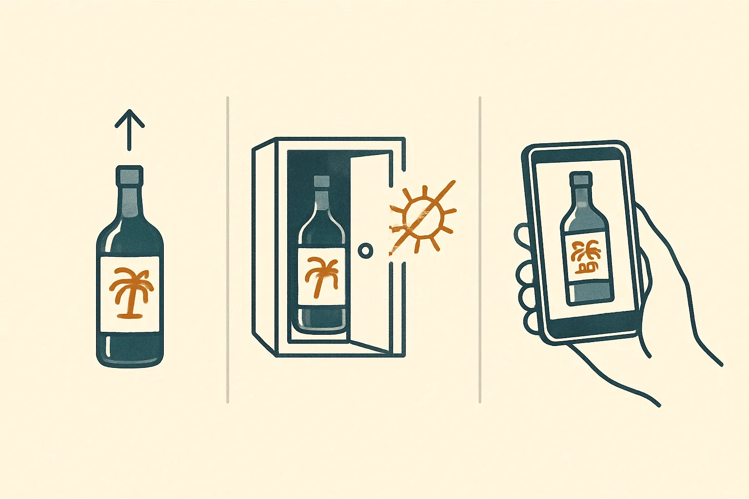 Three storage rules: upright, dark and cool, documented