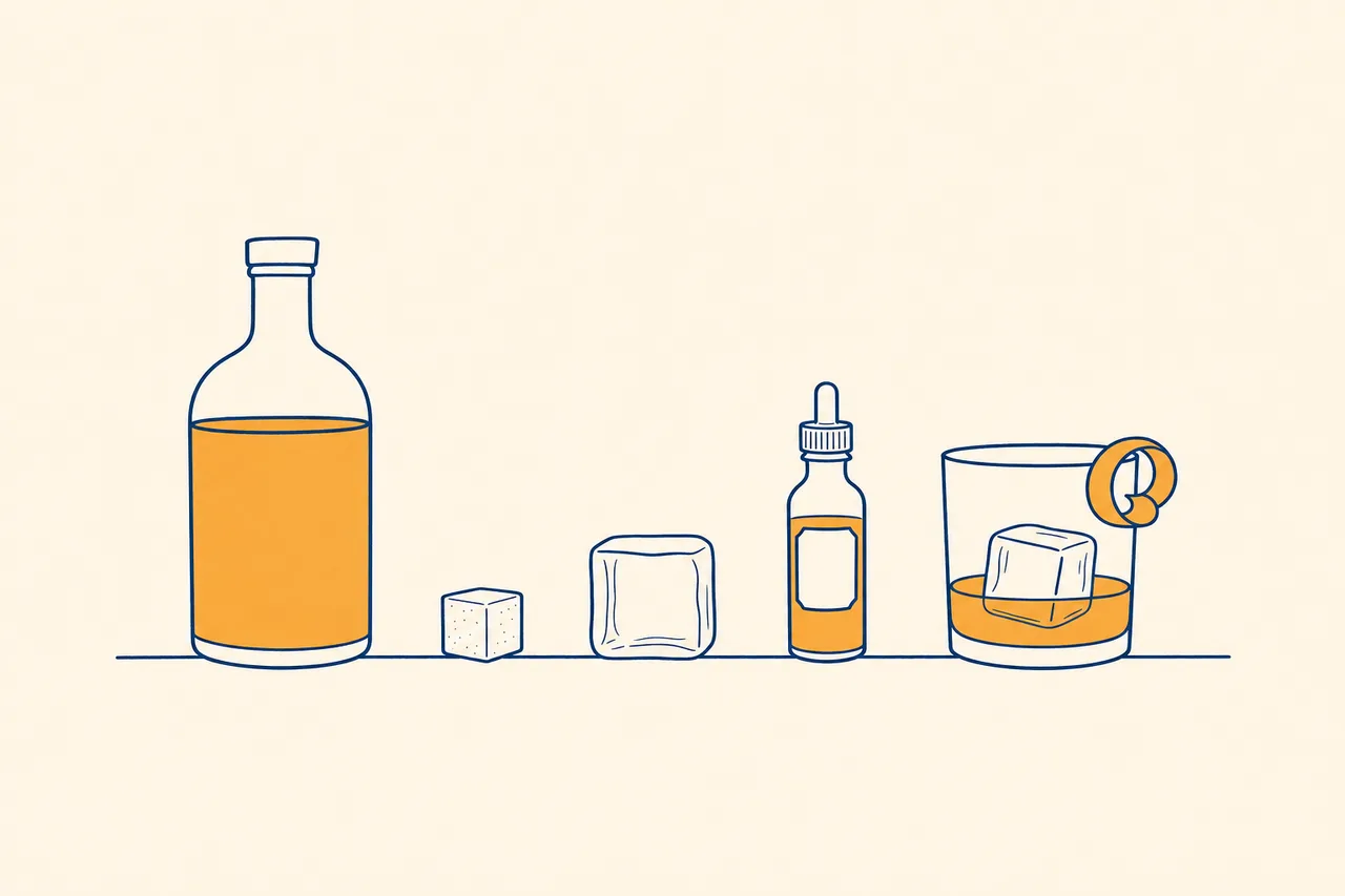 Illustration der vier Old-Fashioned-Zutaten: Rum-Flasche, Zuckerwürfel, Eiswürfel und Bitters-Fläschchen neben dem fertigen Drink im Tumbler