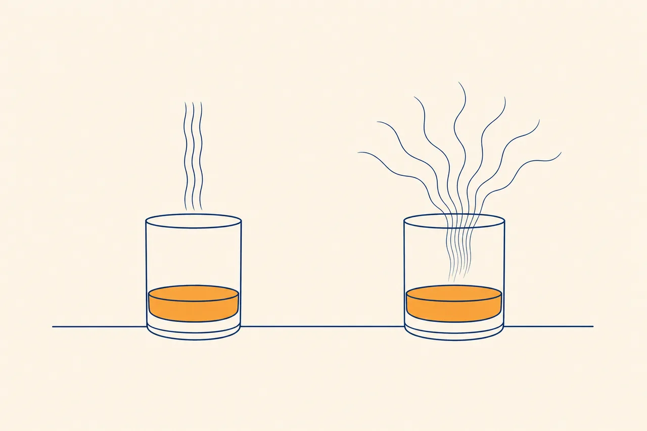 Illustration: Old Fashioned mit Bourbon mit parallelen Aromalinien neben Old Fashioned mit Rum mit breit gefächerten Aromalinien
