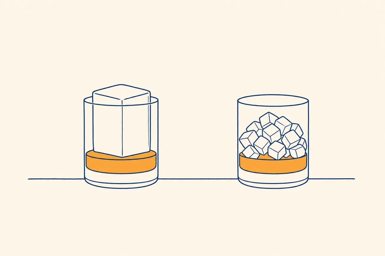 Illustration: Tumbler mit einem großen Eiswürfel neben einem Tumbler voller kleiner Eiswürfel