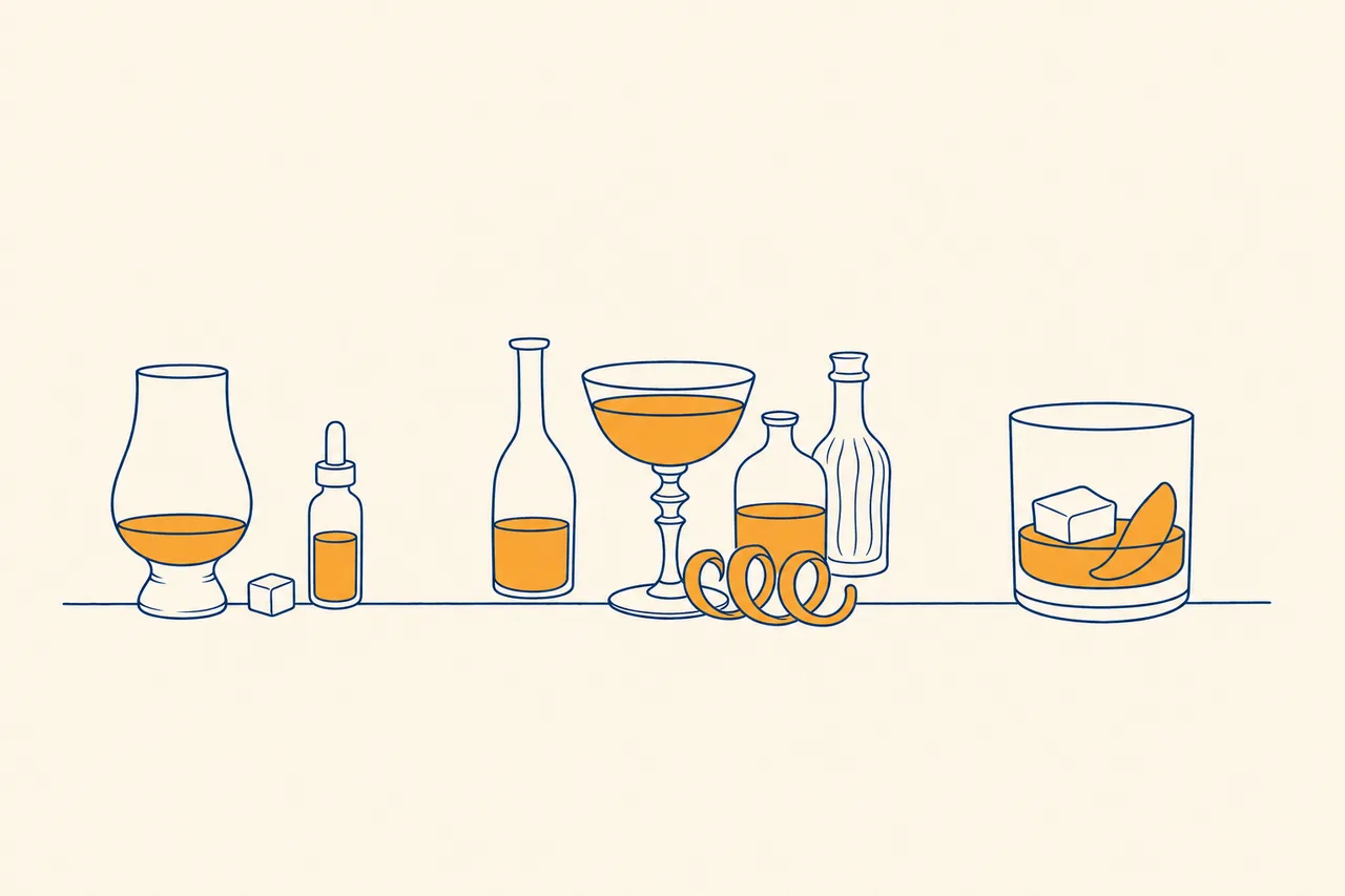 Illustration der Entwicklung des Old Fashioned: einfacher früher Whiskey Cocktail, überladener Improved Cocktail mit Likören und moderner Old Fashioned im Tumbler