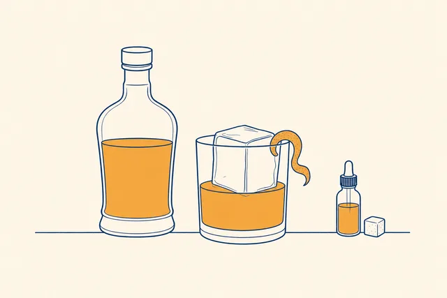 Old Fashioned illustration: glass with large ice cube, orange zest, sugar and bitters