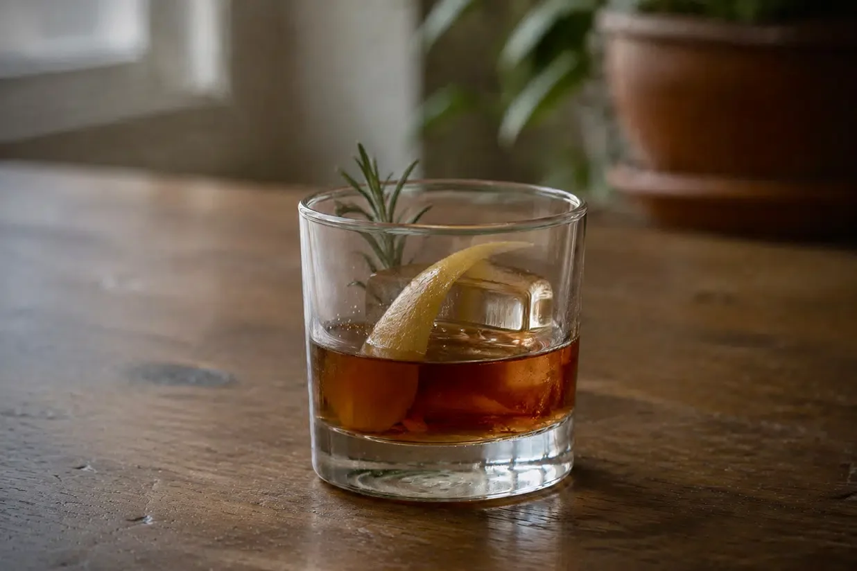 Stormy Weather Old Fashioned im Tumbler mit großem Eiswürfel, Zitronenzeste und Rosmarinzweig