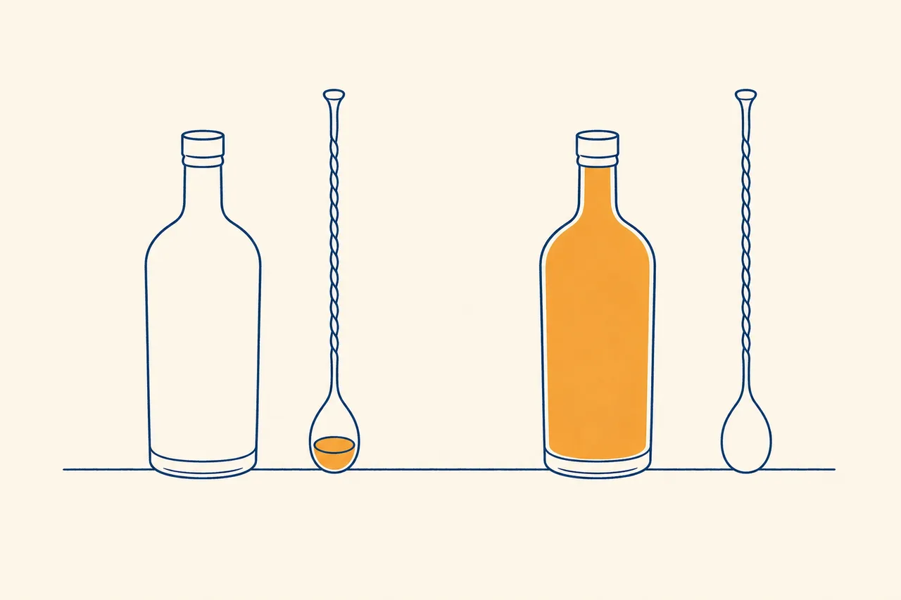 Illustration der Zucker-Regel beim Rum Old Fashioned: ungesüßter Rum mit gefülltem Barlöffel Sirup, gesüßter Rum mit leerem Barlöffel