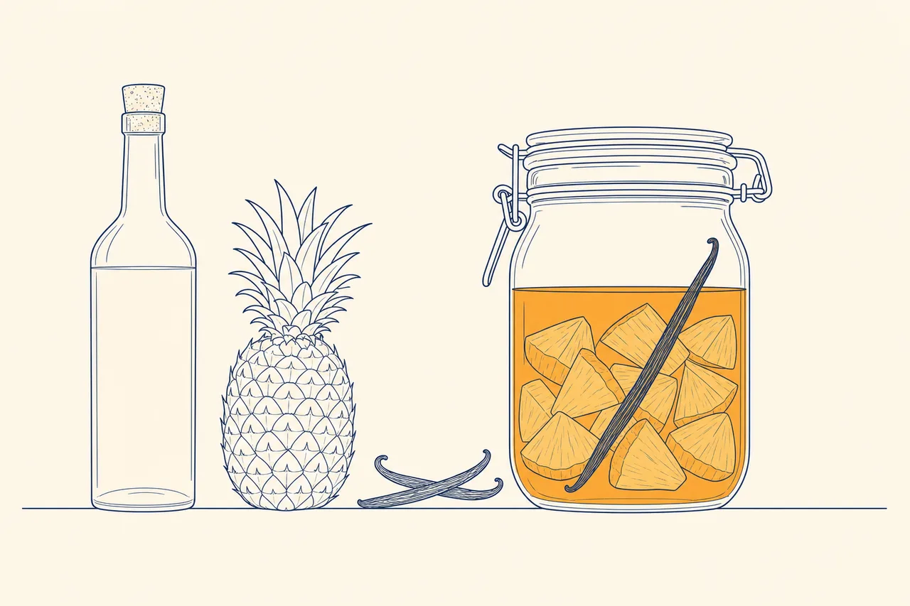 Illustration : bouteille de rhum blanc, ananas Victoria, gousses de vanille et grand bocal à clip rempli de rhum ambré avec morceaux d'ananas