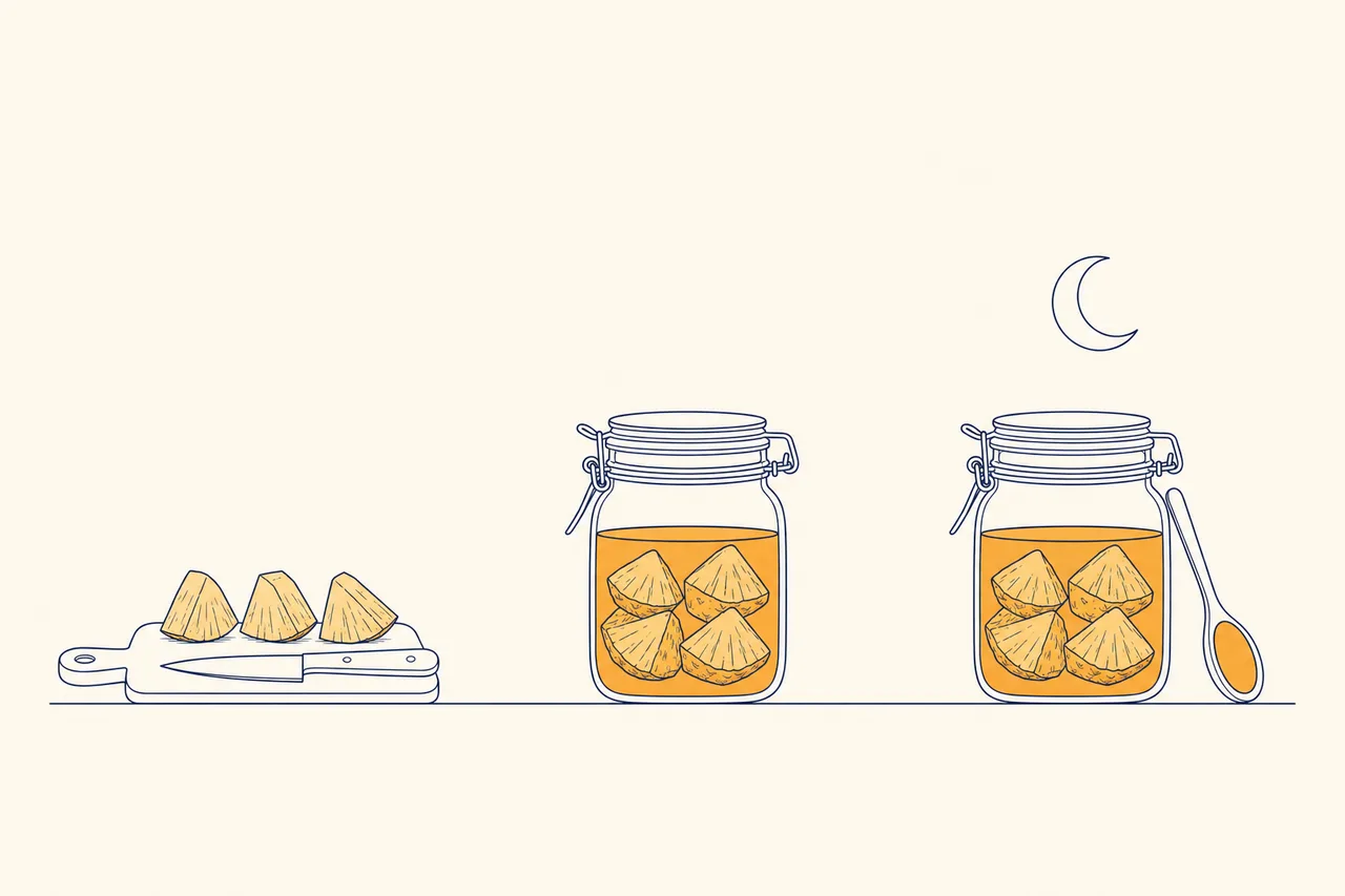 Illustration en trois étapes : découpe de l'ananas sur planche, bocal fermé en macération, bocal reposant dans l'obscurité avec cuillère de dégustation