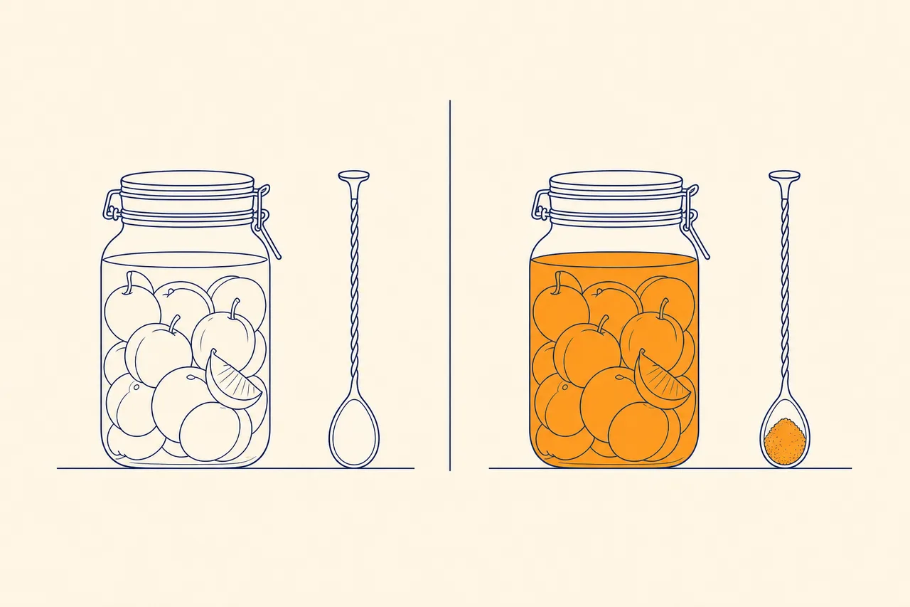 Illustration comparative : bocal pâle avec cuillère vide au début de la macération, bocal ambré avec cuillère de sucre de canne à la fin