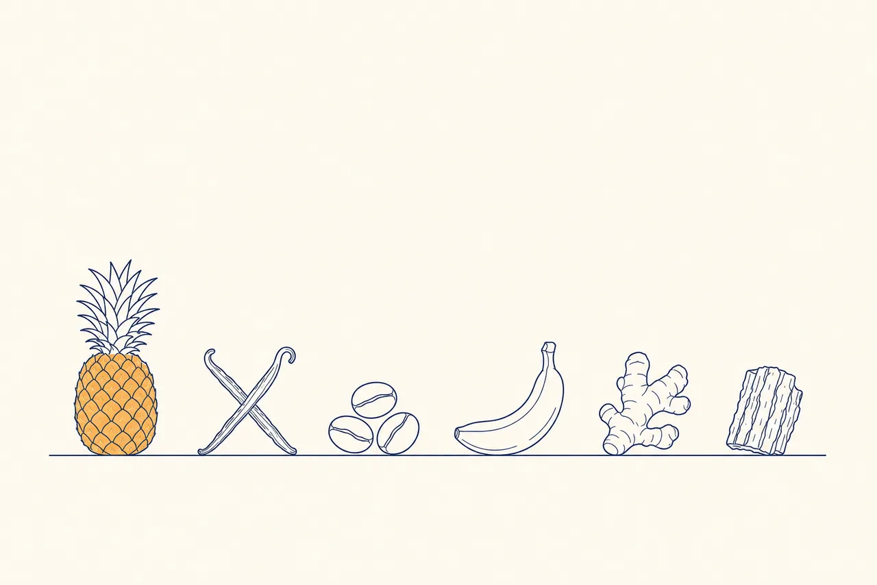 Illustration : les six ingrédients classiques du rhum arrangé alignés : ananas, gousses de vanille, grains de café, banane, gingembre et écorce