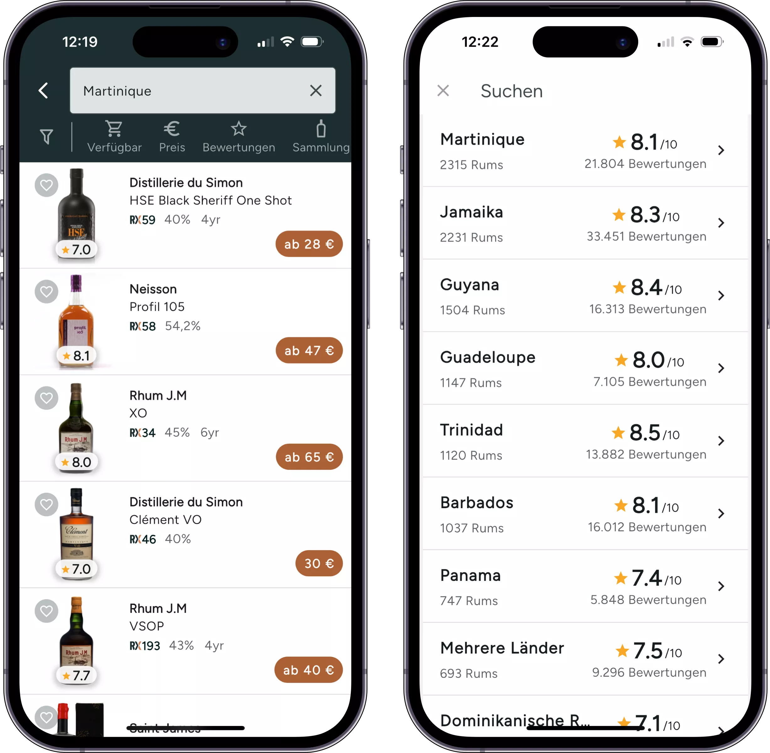 Screenshot der Rum-Suche und der Bewertungsseite in unserer iOS-App
