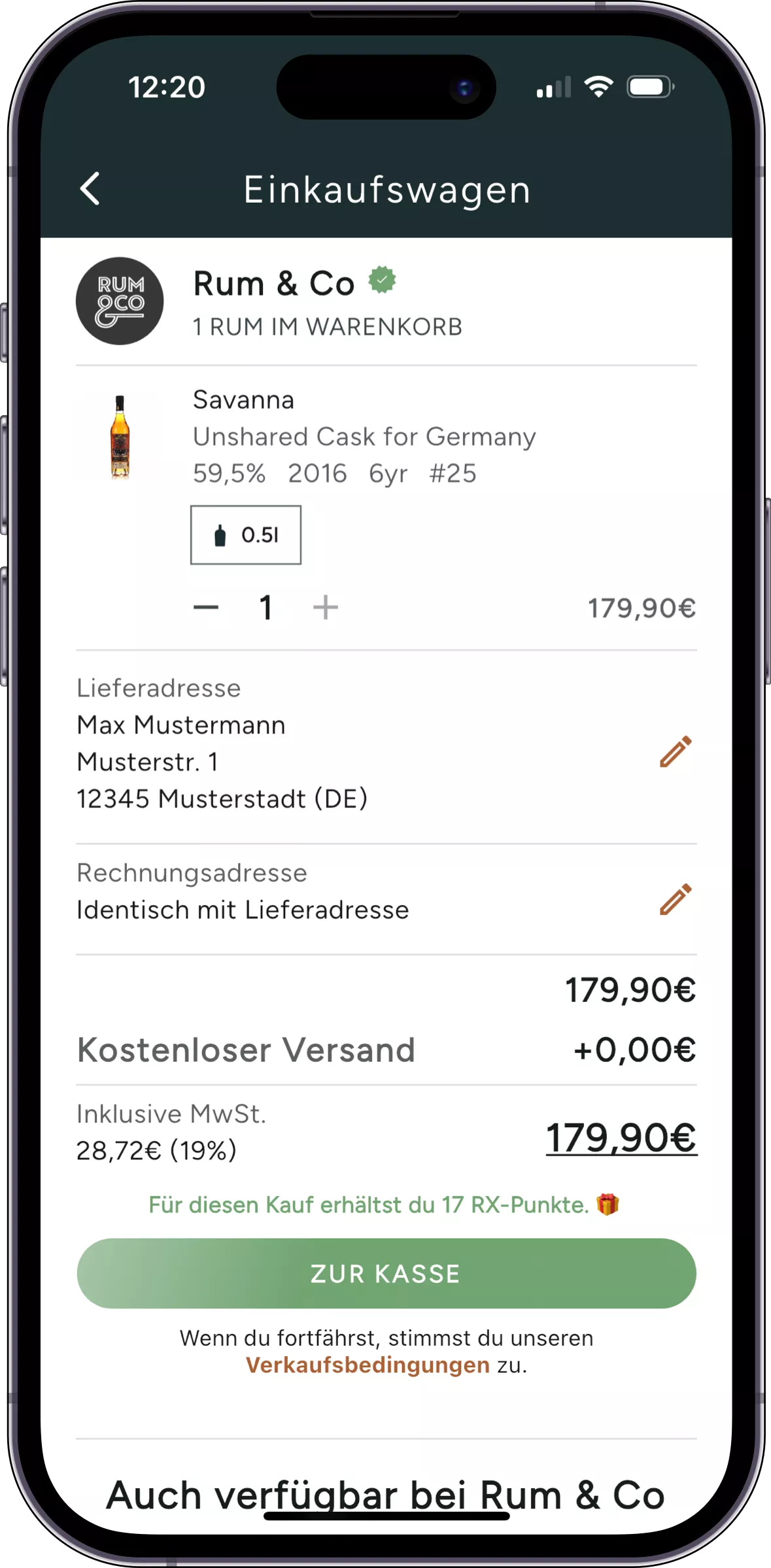 Screenshot: Rum bequem direkt in der RumX-App kaufen