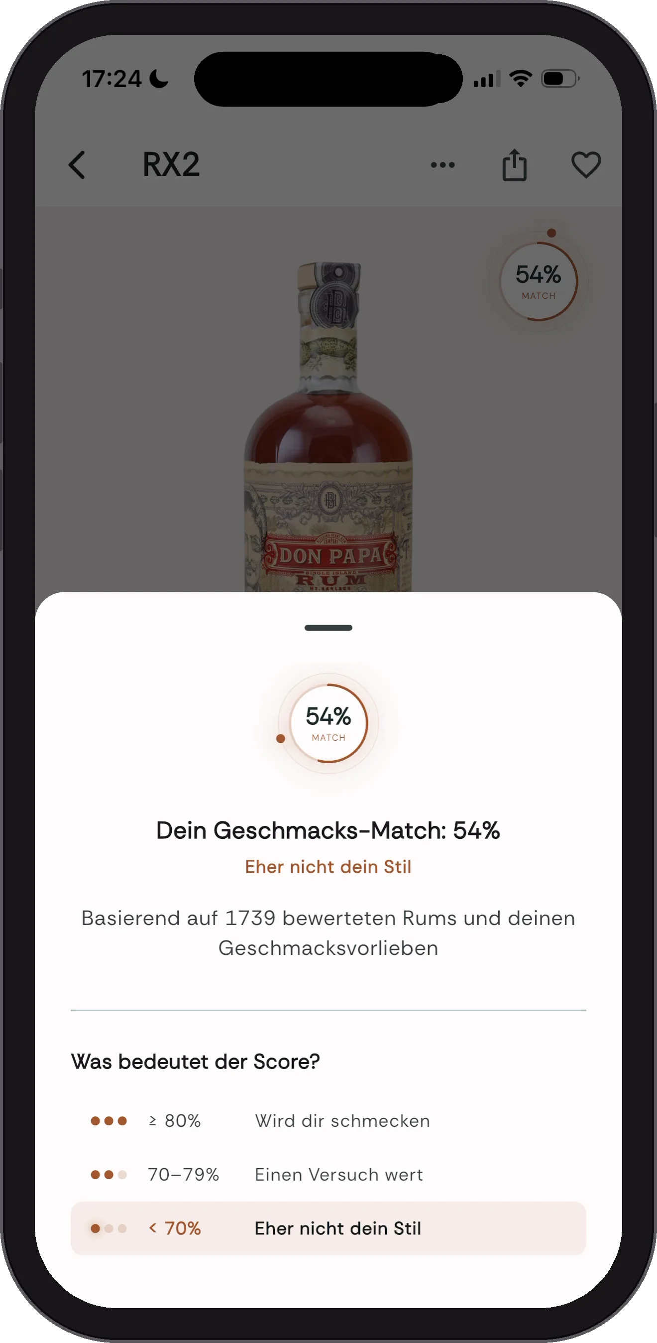 RumX App: Rum-Seite von Don Papa mit Community-Note 7,0 und dem persönlichen Match Score von 54 %, Stufe Eher nicht dein Stil