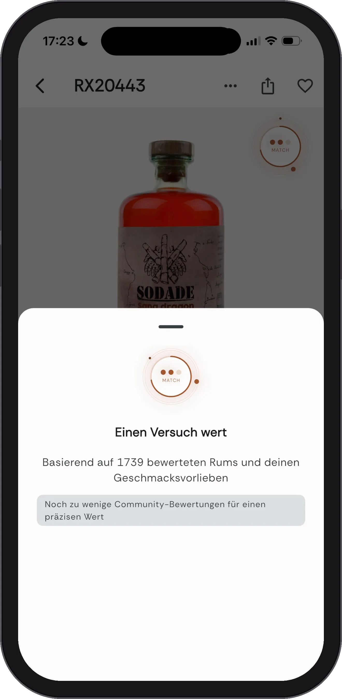 RumX App: Match Score als drei Stufen statt Prozentzahl, weil die Flasche noch zu wenige Community-Bewertungen hat