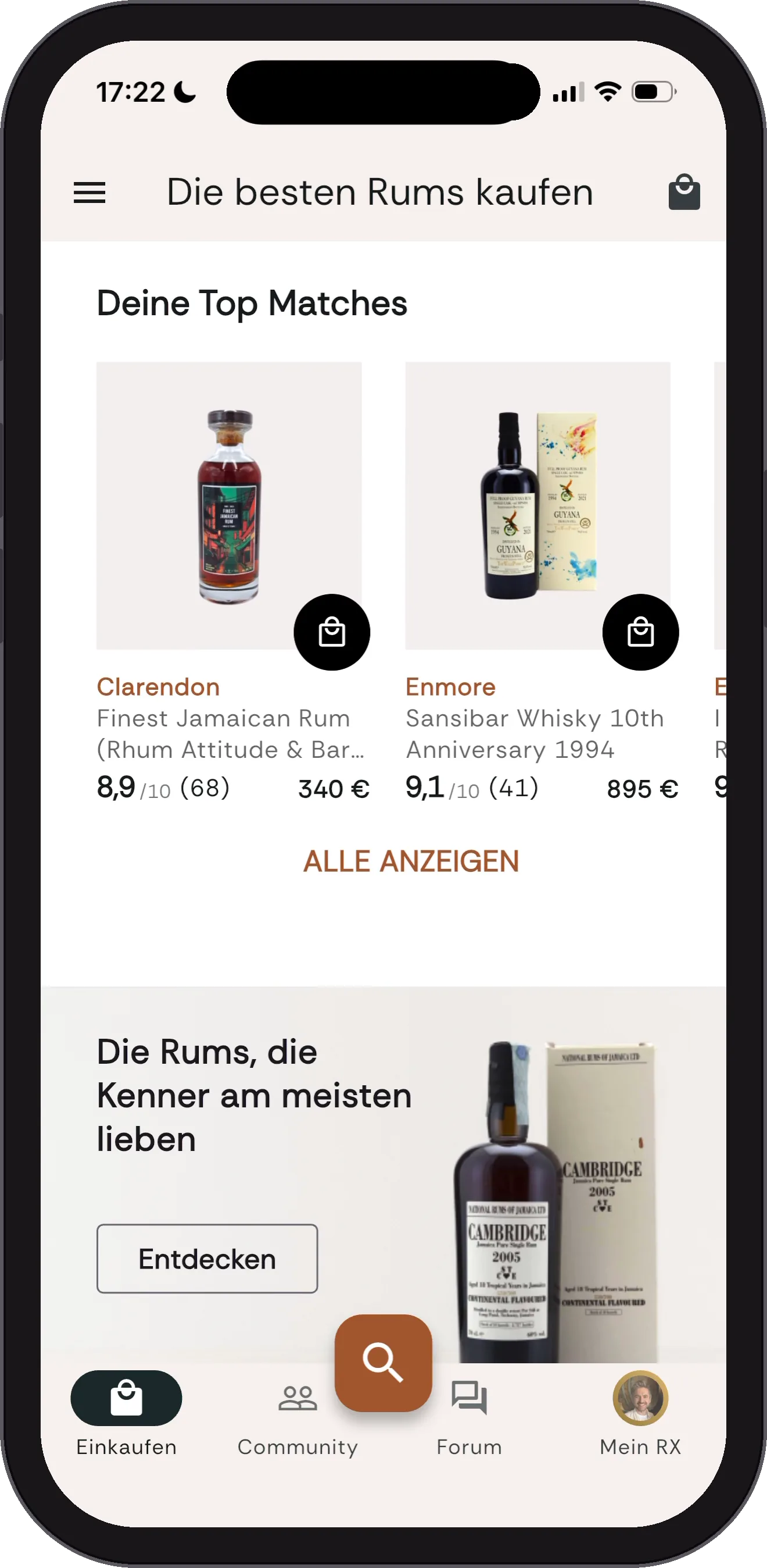 RumX App: Deine Top Matches im Bereich Entdecken, Flaschen mit dem höchsten Match Score, die du noch nicht bewertet hast